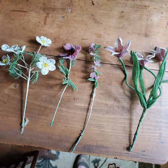 Vintage French Glass Beaded Flowers & Vase in Pink/White/Yellow. Bouquet 18"w. - Picture 11 of 11